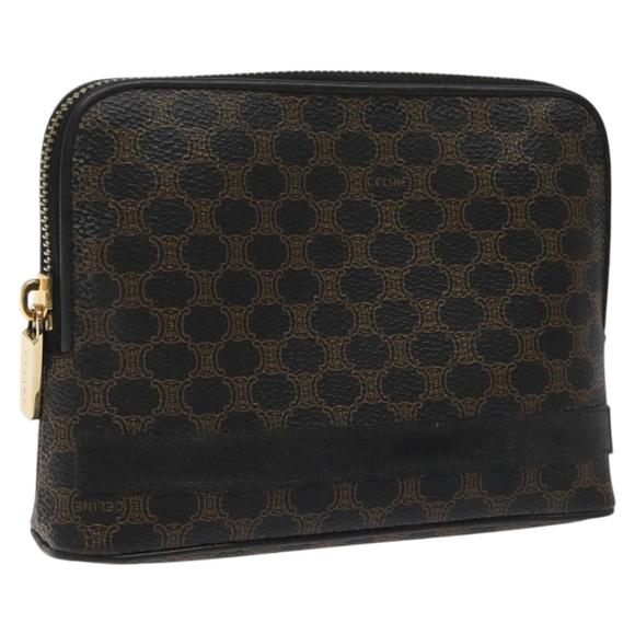 CELINE Macadam Canvas Pouch PVC Leather Black Gold Auth EC600V - Picture 1 of 16